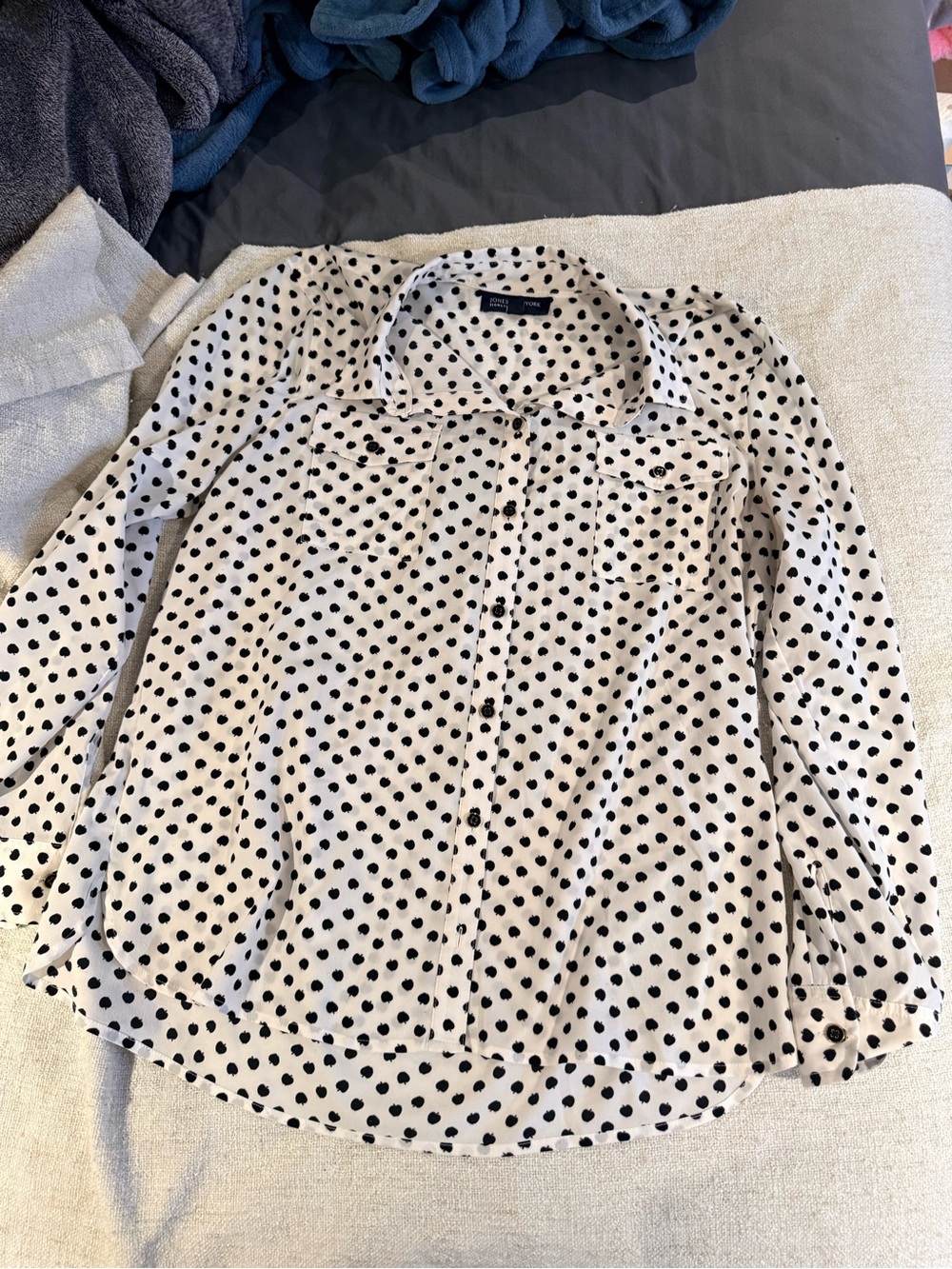 Jones New York Signature Black White Apple Print Blouse XL